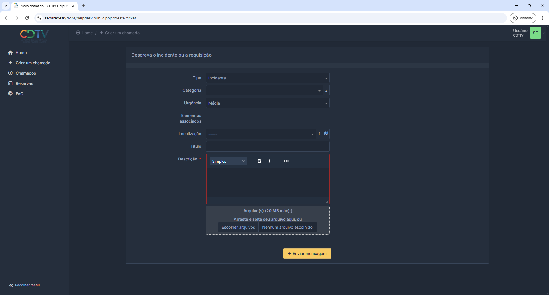 Descrição do Chamado