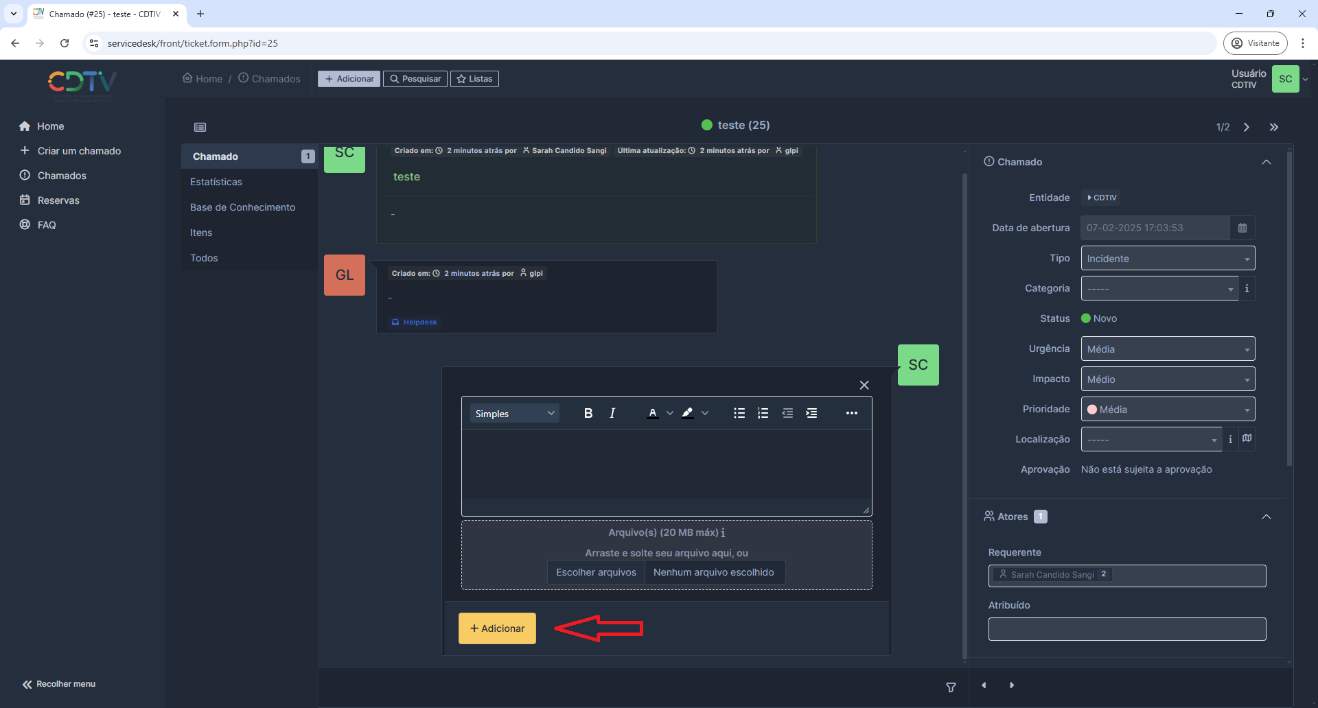 Adicionar ao Chamado